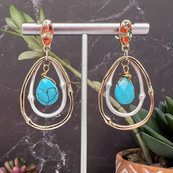 "Judy" NEW Turquoise Gold Silver Mixed Dangle Drop Teardrop Fashion Earrings - Picture 1 of 3